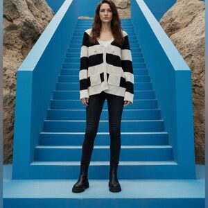 POL Black White striped vneck button down long cardigan sweater w pockets NEW